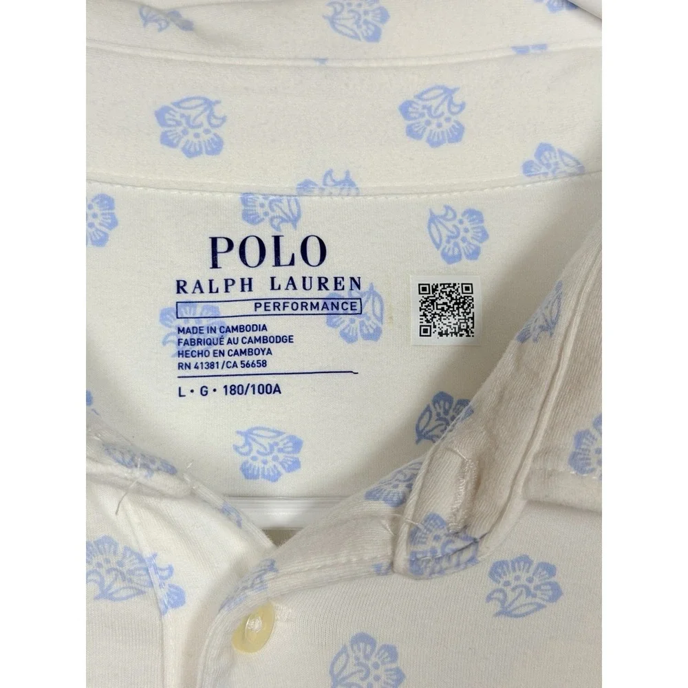 POLO Ralph Lauren Men's Large Performance Pony White Blue Floral Golf Shirt